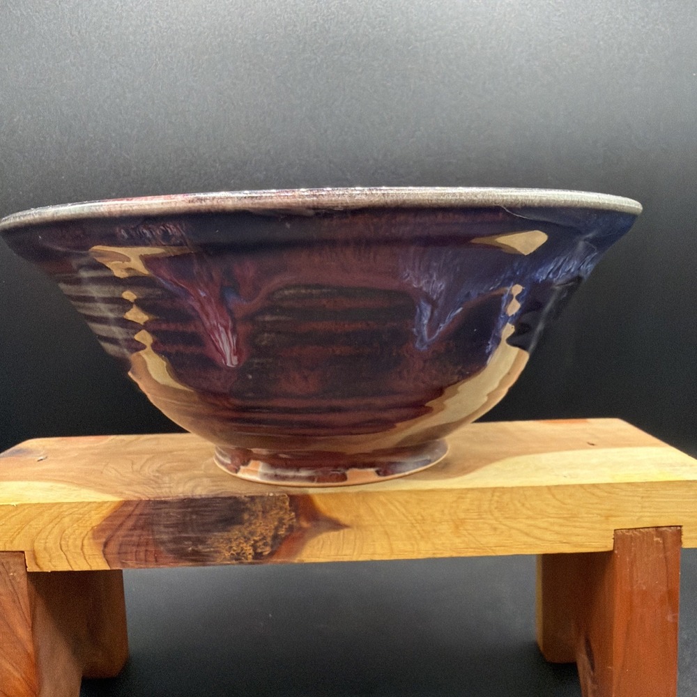 VTG Studio Art Pottery Ceramic Hand Made Plum Indigo Decorative Bowl 7" Signed - Picture 2 of 6